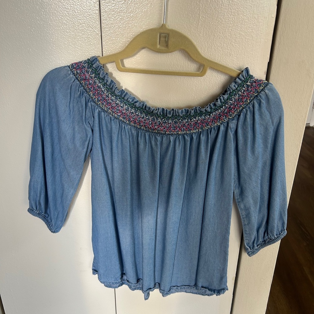 Embroidered Blue Off-Shoulder Top